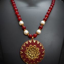 Red Beads Pearl Golden Necklace Set with 6 months warranty