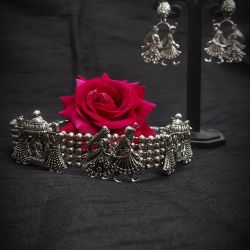 Silver Oxidized Palki Choker Set