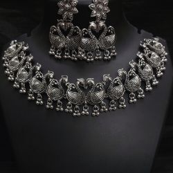 Silver Oxidized Swan Choker Set