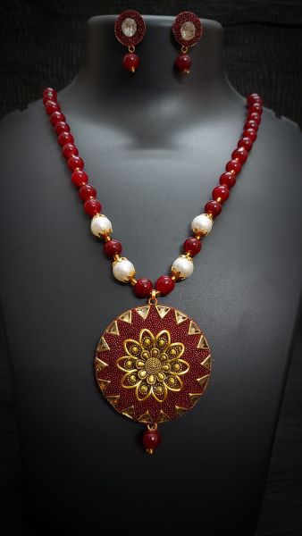 Red Beads Pearl Golden Necklace Set with 6 months warranty