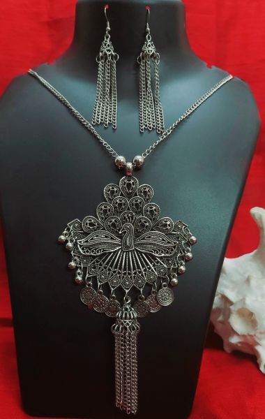 Silver Oxidized Peacock Necklace Set