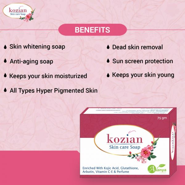 Kozian Skin Care Soap, Kojic acid palmitate, Glutathione, Arbutin, Vitamin C and Vitamin E face body Soap 75gm (Pack of 3)