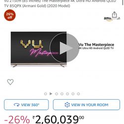 *VU 85” QLED TV 4K Android • Masterpiece Armani Gold • Model 85QPX • Available @ 225000/- 