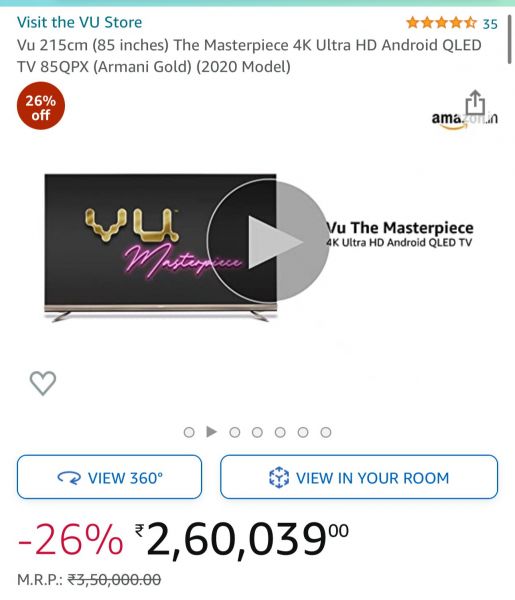 *VU 85” QLED TV 4K Android • Masterpiece Armani Gold • Model 85QPX • Available @ 225000/- 