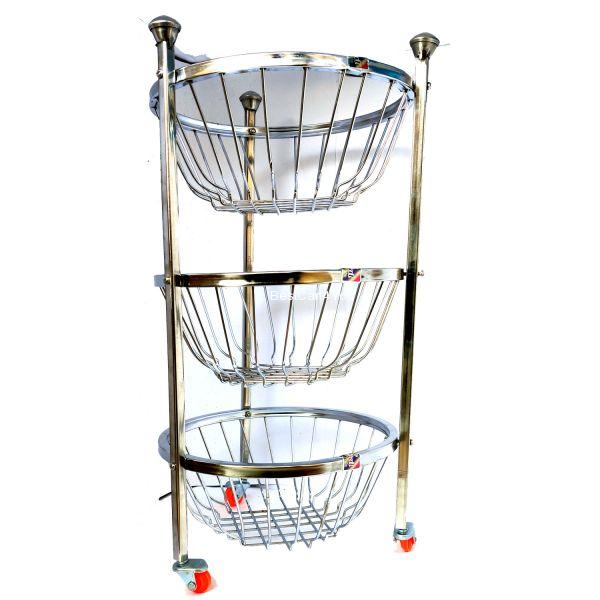 Vaishvi 3 Layer Fruit and Vegetables Storage Round Basket Assambled with Wheels for Kitchen  - Stainless Steel