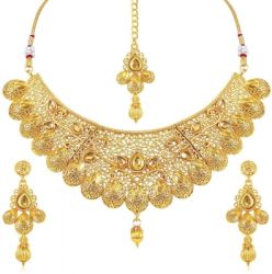 Alloy Jewel Set  Color :Gold  Color Code :Gold  Model Number :KSNKE60171_SH  Sales Package Id :1 Necklace, 2 Earring, 1 Maang Tikka  Type :Earring & Necklace Set  Base Material :Alloy  Plating :Gold-plated  3 Days Return Policy, No questions asked.