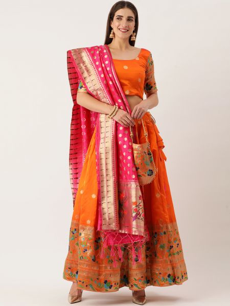 Orange color lehenga Choli in jacquard material & all-over weaving work comes with micro cotton inner and canvas inside.