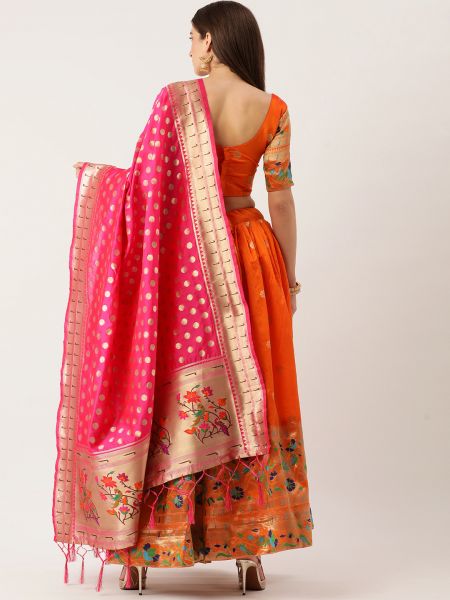 Orange color lehenga Choli in jacquard material & all-over weaving work comes with micro cotton inner and canvas inside.
