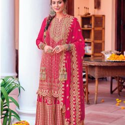 Raspberry Red Wedding Stylish Embroidered Sharara Suit