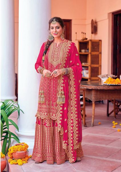 Raspberry Red Wedding Stylish Embroidered Sharara Suit