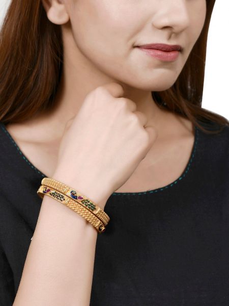 Gold plated green and blue Peacock meenakari Bangles, set of 2