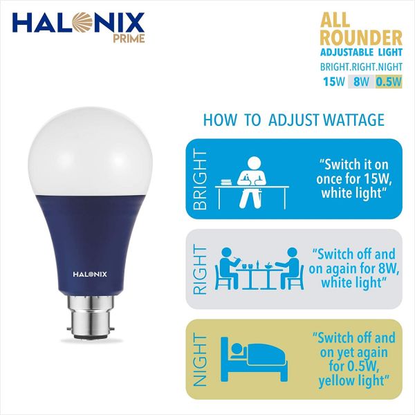  HALONIX All Rounder Base B22 15W,8W,0.5W Multi Wattage Led Bulb (Pack of 1, White & Yellow) Adjustable light