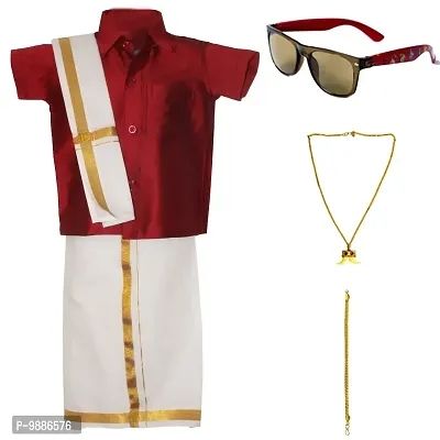 Stylish  Art Silk Solid Shirt With Dhoti And Accessories For Boys