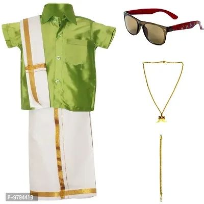 Stylish  Art Silk Solid Shirt With Dhoti And Accessories For Boys