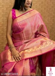 New saree Siddhi Weaves Fashion Pink Zari Woven Banarasi Silk Saree With Blouse Piece Name: Siddhi Weaves Fashion Pink Zari Woven Banarasi Silk Saree With Blouse Piece Saree Fabric: Banarasi Silk Blouse: Running Blouse Blouse Fabric: Banarasi Silk Pattern: Zari Woven Blouse Pattern: Same as Border Net Quantity (N): Single Sizes:  Free Size Country of Origin: India