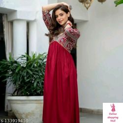 Rayon Designer Maroon Gotta Gown Name: Rayon Designer Maroon Gotta Gown Fabric: Rayon Sleeve Length: Three-Quarter Sleeves Pattern: Printed Combo of: Single Sizes: S (Bust Size: 36 in)  M (Bust Size: 38 in)  L (Bust Size: 40 in)  XL (Bust Size: 42 in)  XXL (Bust Size: 44 in)  XXXL, 4XL, 5XL Latest & Trendy Rayon Designer Party wear Maroon Ankle Length Kurta for Women's & Girls Country of Origin: India
