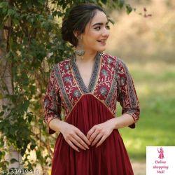 Rayon Designer Maroon Gotta Gown Name: Rayon Designer Maroon Gotta Gown Fabric: Rayon Sleeve Length: Three-Quarter Sleeves Pattern: Printed Combo of: Single Sizes: S (Bust Size: 36 in)  M (Bust Size: 38 in)  L (Bust Size: 40 in)  XL (Bust Size: 42 in)  XXL (Bust Size: 44 in)  XXXL, 4XL, 5XL Latest & Trendy Rayon Designer Party wear Maroon Ankle Length Kurta for Women's & Girls Country of Origin: India