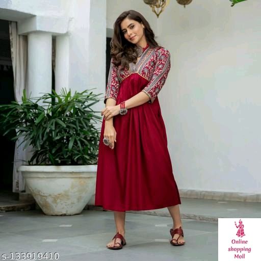 Rayon Designer Maroon Gotta Gown Name: Rayon Designer Maroon Gotta Gown Fabric: Rayon Sleeve Length: Three-Quarter Sleeves Pattern: Printed Combo of: Single Sizes: S (Bust Size: 36 in)  M (Bust Size: 38 in)  L (Bust Size: 40 in)  XL (Bust Size: 42 in)  XXL (Bust Size: 44 in)  XXXL, 4XL, 5XL Latest & Trendy Rayon Designer Party wear Maroon Ankle Length Kurta for Women's & Girls Country of Origin: India