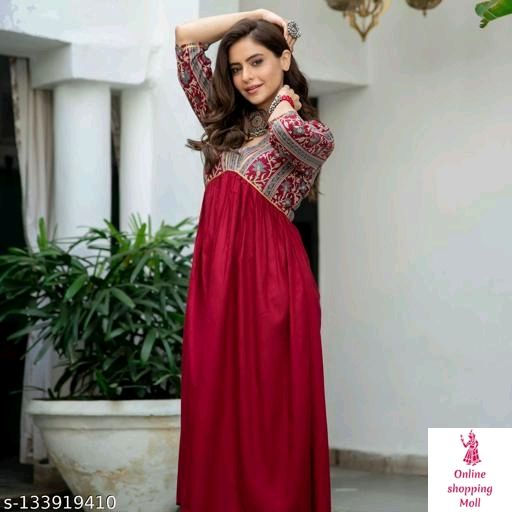 Rayon Designer Maroon Gotta Gown Name: Rayon Designer Maroon Gotta Gown Fabric: Rayon Sleeve Length: Three-Quarter Sleeves Pattern: Printed Combo of: Single Sizes: S (Bust Size: 36 in)  M (Bust Size: 38 in)  L (Bust Size: 40 in)  XL (Bust Size: 42 in)  XXL (Bust Size: 44 in)  XXXL, 4XL, 5XL Latest & Trendy Rayon Designer Party wear Maroon Ankle Length Kurta for Women's & Girls Country of Origin: India