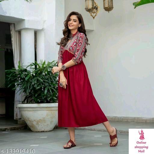 Rayon Designer Maroon Gotta Gown Name: Rayon Designer Maroon Gotta Gown Fabric: Rayon Sleeve Length: Three-Quarter Sleeves Pattern: Printed Combo of: Single Sizes: S (Bust Size: 36 in)  M (Bust Size: 38 in)  L (Bust Size: 40 in)  XL (Bust Size: 42 in)  XXL (Bust Size: 44 in)  XXXL, 4XL, 5XL Latest & Trendy Rayon Designer Party wear Maroon Ankle Length Kurta for Women's & Girls Country of Origin: India