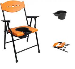 Medicore Folding Elderly Disabled Man And Pregnant Woman Stainless Steel Shower And Bathing Room Mobile Commode Chair With Toilet Seat Comfortable Safe Toliet Stool Anti-Skid (Orange)