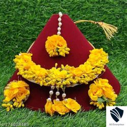 Spaceincart Bridal Yellow Artificial Flower Floral Jewellery Set For Haldi Turmeric Mehendi Baby Shower