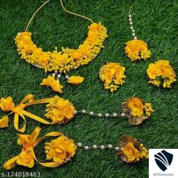Spaceincart Bridal Yellow Artificial Flower Floral Jewellery Set For Haldi Turmeric Mehendi Baby Shower