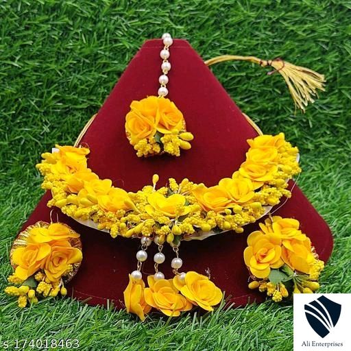 Spaceincart Bridal Yellow Artificial Flower Floral Jewellery Set For Haldi Turmeric Mehendi Baby Shower