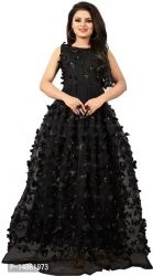 Trendy Net Black Round Neck Sleeveless Self Pattern Gown For Women