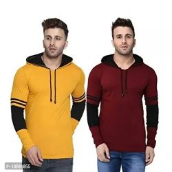 Aarcadian Men's Regular Fit Designer Hood Full T-Shirt Combo D-Grey Mehroon(Pack of 2)