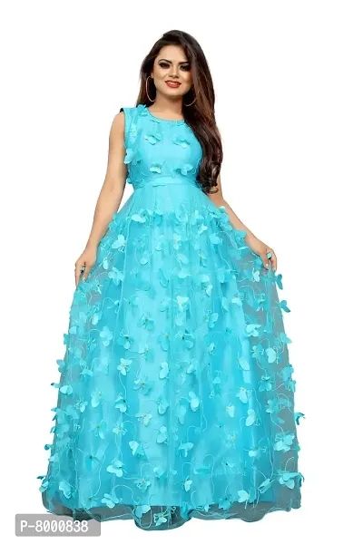 JULEE Women's Net Embroidered Semi-Stitched Gown-Titli Gown Sky Blue