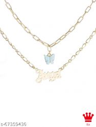  Charming Gold Plated Double Layered Yellow Butterfly and Honey Word Necklace for Women and Girls