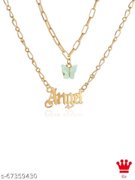  Charming Gold Plated Double Layered Yellow Butterfly and Honey Word Necklace for Women and Girls