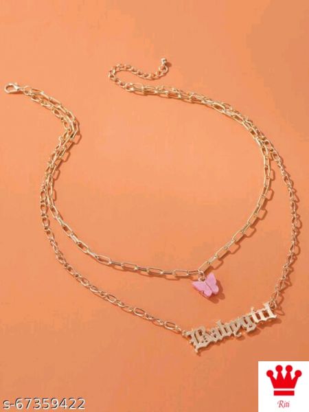  Charming Gold Plated Double Layered Yellow Butterfly and Honey Word Necklace for Women and Girls