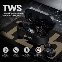 Ptron Bassbuds Plus 5.0 Bluetooth Truly Wireless in Ear Earbuds with Mic, Deep Bass, Made in India, Ipx4 Water/Sweat Resistant, Passive Noise Canceling TWS, Digital Display Case (Black)