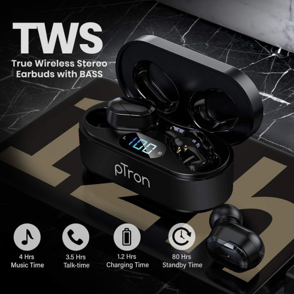 Ptron Bassbuds Plus 5.0 Bluetooth Truly Wireless in Ear Earbuds with Mic, Deep Bass, Made in India, Ipx4 Water/Sweat Resistant, Passive Noise Canceling TWS, Digital Display Case (Black)