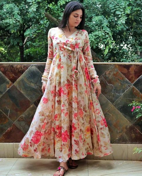 Design Number 078 White Knot   For an absolutely stunning look, wear this long dress we would love to go floral all the time like you! This floral printed georgette maxi dress is uniquely designed with full sleeve it is giving perfect stylish look for this season.   Size : M(38) L(40) XL(42) XXL(44) Lenth : 52 Inch Flare : 3.5 Mtrs   